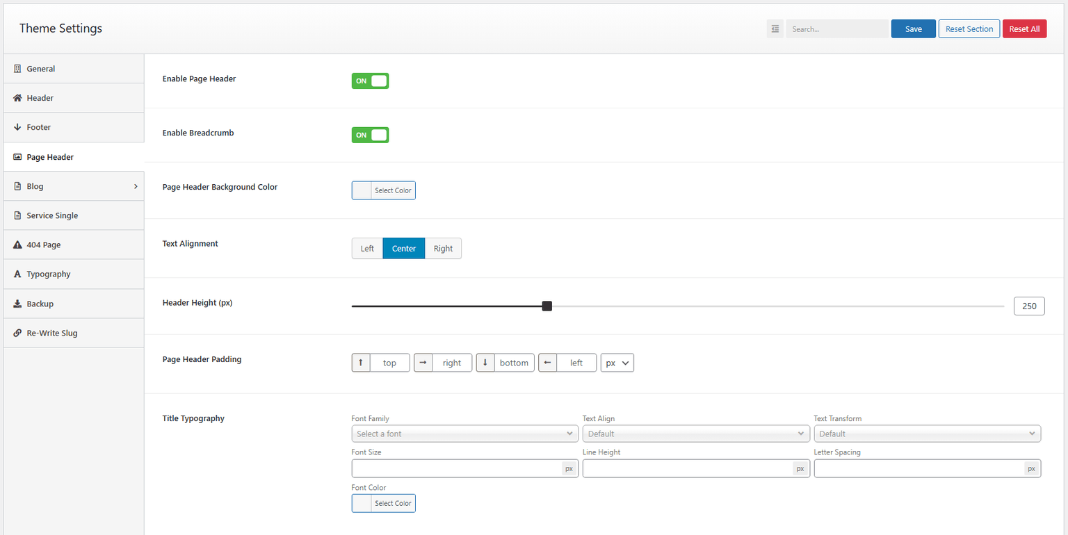 Page Header Settings Page Header Settings